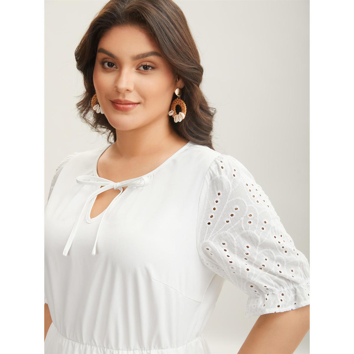 Plus Size Textured Eyelet Sleeve Pockets Midi Dress WhiteSmoke Women Flat collar with V-notch Half Sleeve Curvy BloomChic 28/5X Product Image