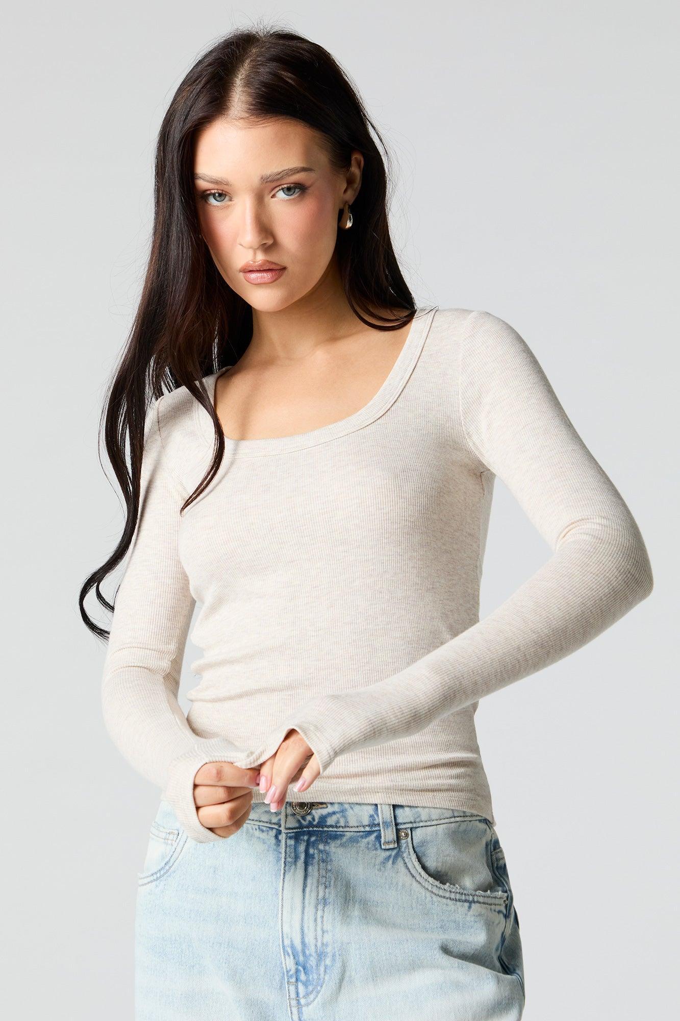 Ribbed Scoop Neck Long Sleeve Top Female Product Image