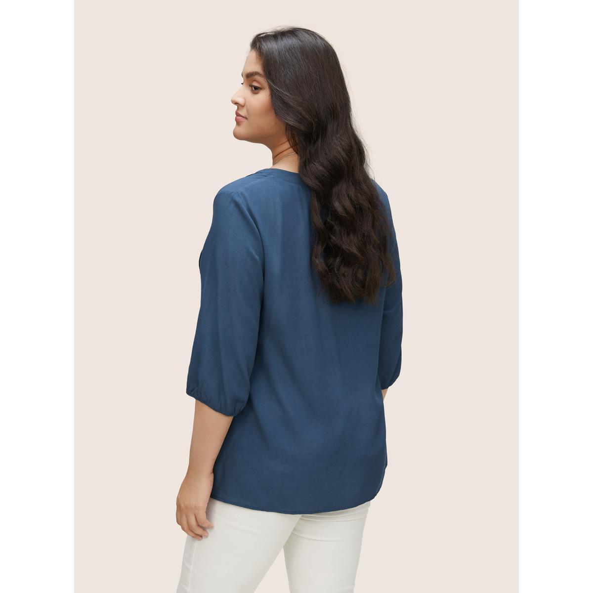 Plus Size Stone Plain Pleated Knot Neck Lantern Sleeve Blouse Women Casual Elbow-length sleeve Notched collar Everyday Blouses BloomChic 12/L Product Image