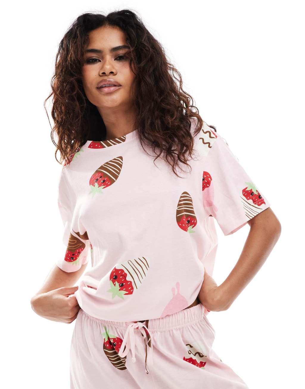 ASOS DESIGN chocolate strawberry oversized tee & shorts pajama set in pink Product Image