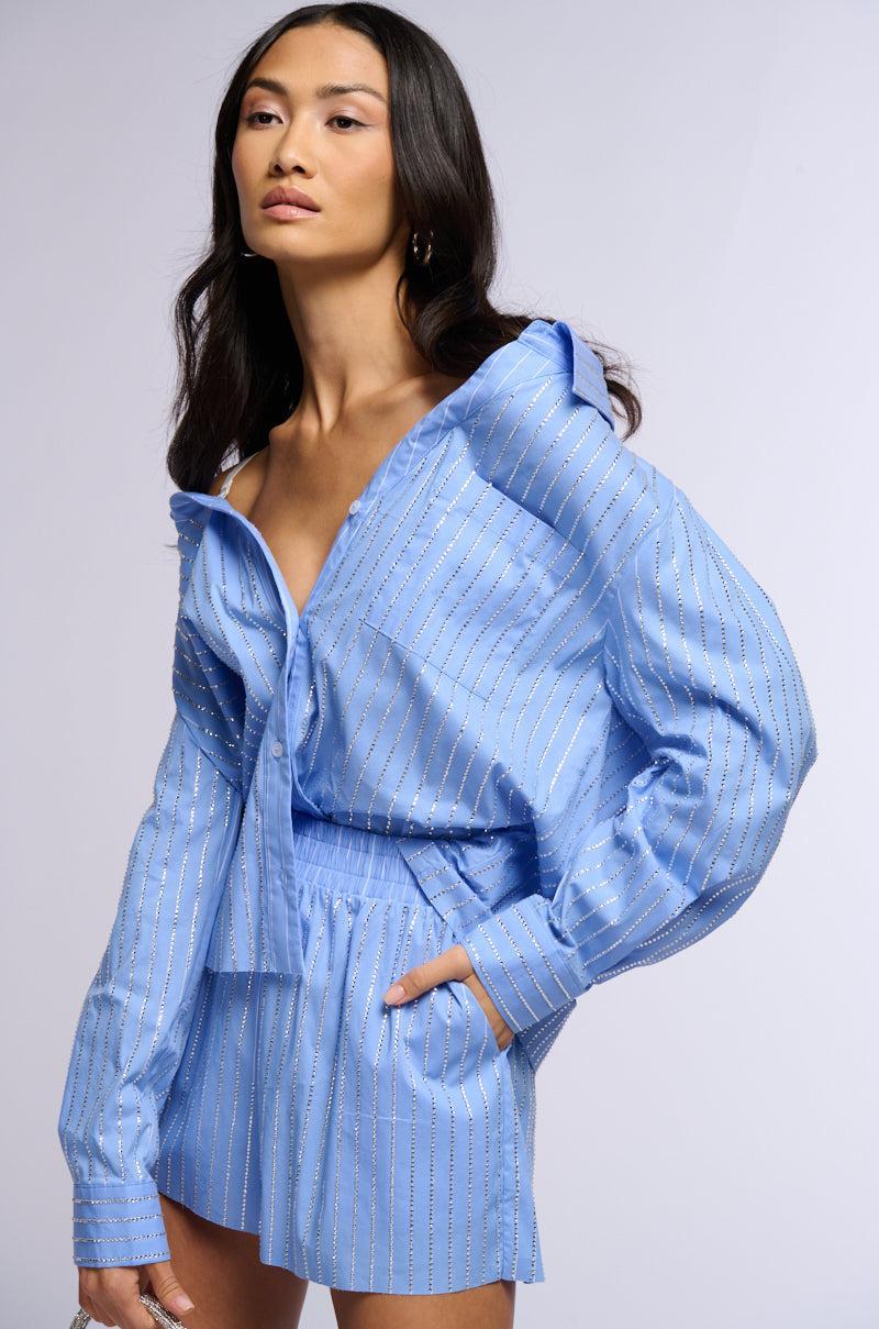 ICED OUT RHINESTONE STRIPE OFF THE SHOULDER POPLIN BLOUSE Product Image