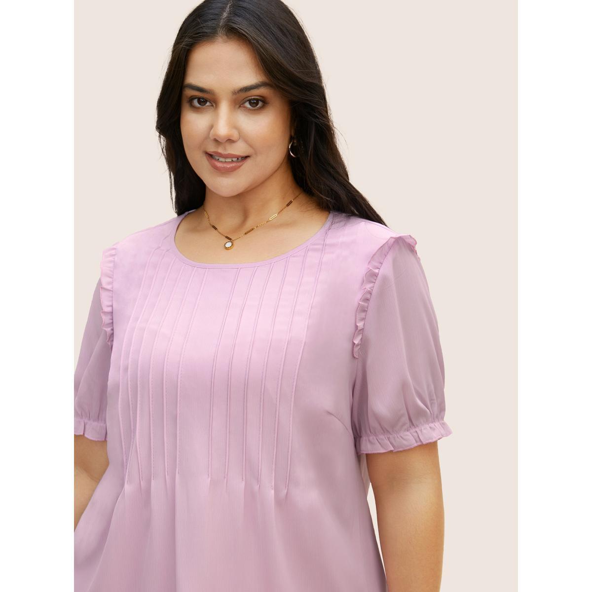 Plus Size Lavender Solid Mesh Pleated Lantern Sleeve Blouse Women Elegant Short sleeve Round Neck Everyday Blouses BloomChic 14-16/1X Product Image