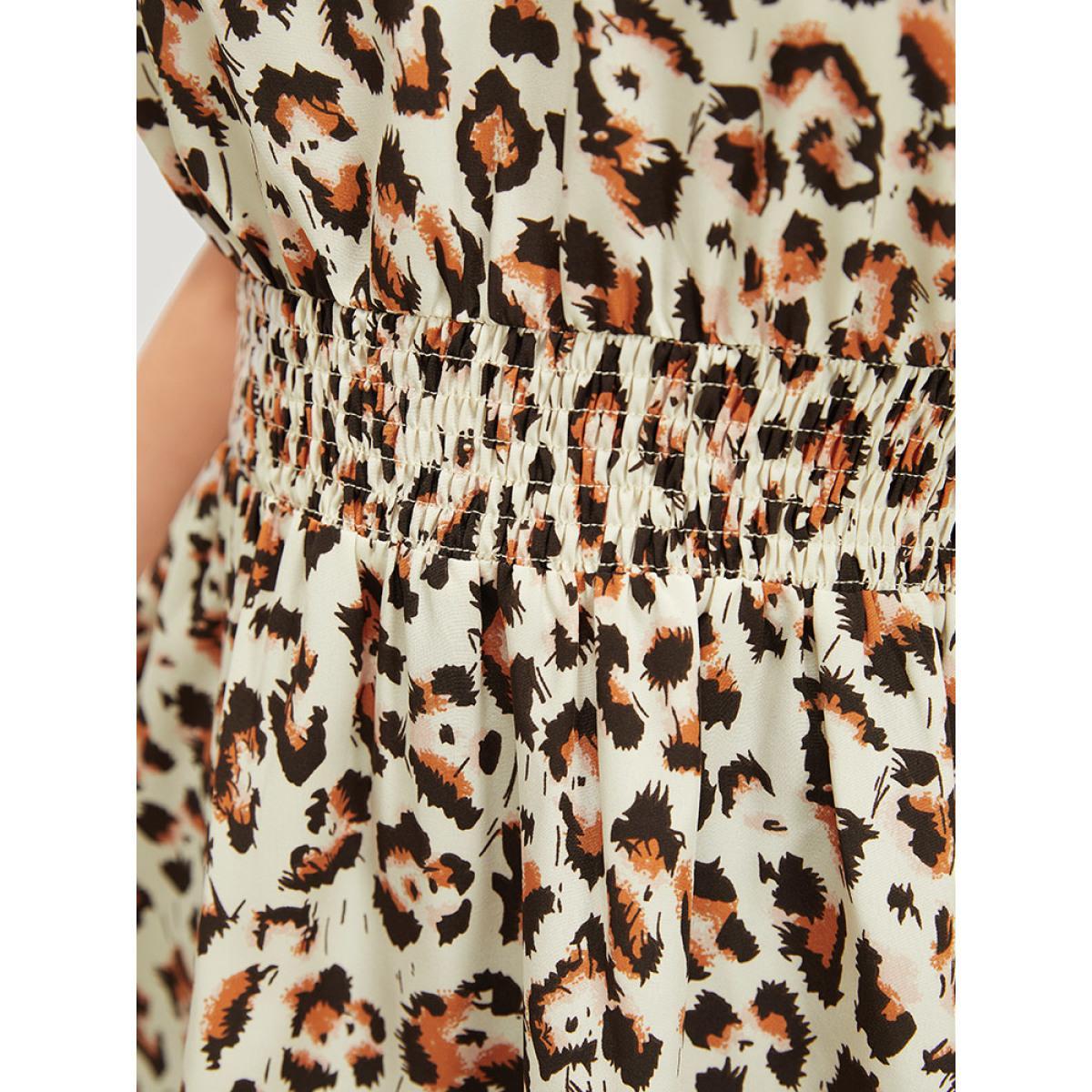 Plus Size Beige Leopard Print Shirred Puff Sleeve Ruffle Sleeve Blouse Women Glamour Short sleeve V-neck Going out Blouses BloomChic 14-16/1X Product Image