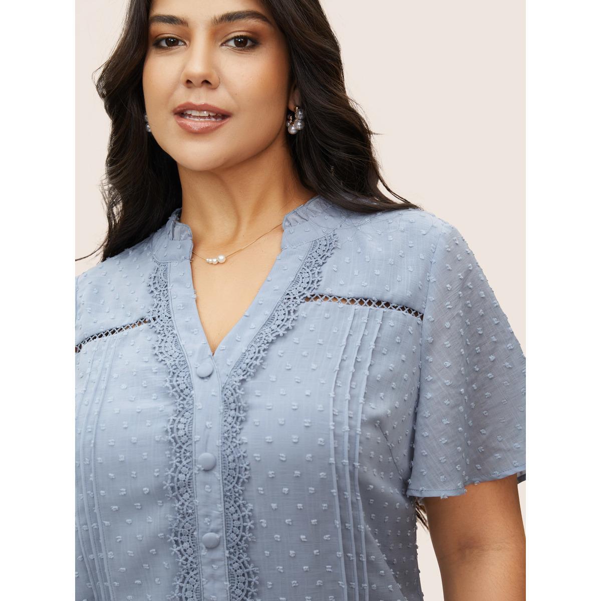 Plus Size Stone Textured Lace Insert Pleated Flutter Sleeve Blouse Women Elegant Short sleeve Flat collar Everyday Blouses BloomChic 22-24/3X Product Image