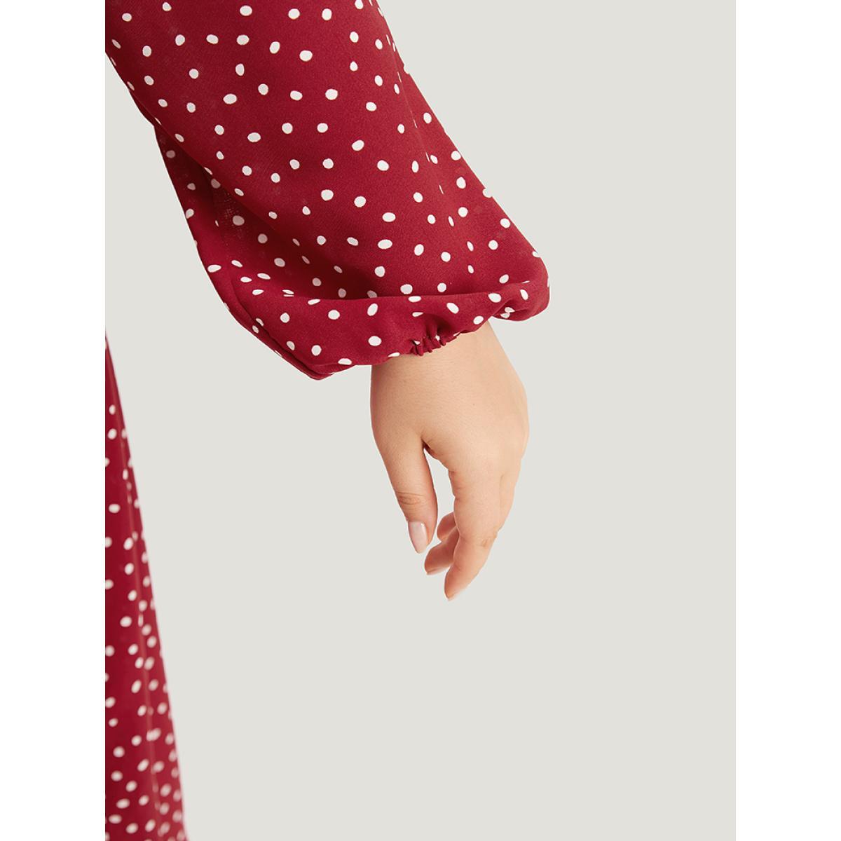 Plus Size Polka Dot Split Side Belted Lantern Sleeve Dress Scarlet Women Elegant Elastic cuffs V-neck Long Sleeve Curvy Midi Dress BloomChic 30/6X Product Image