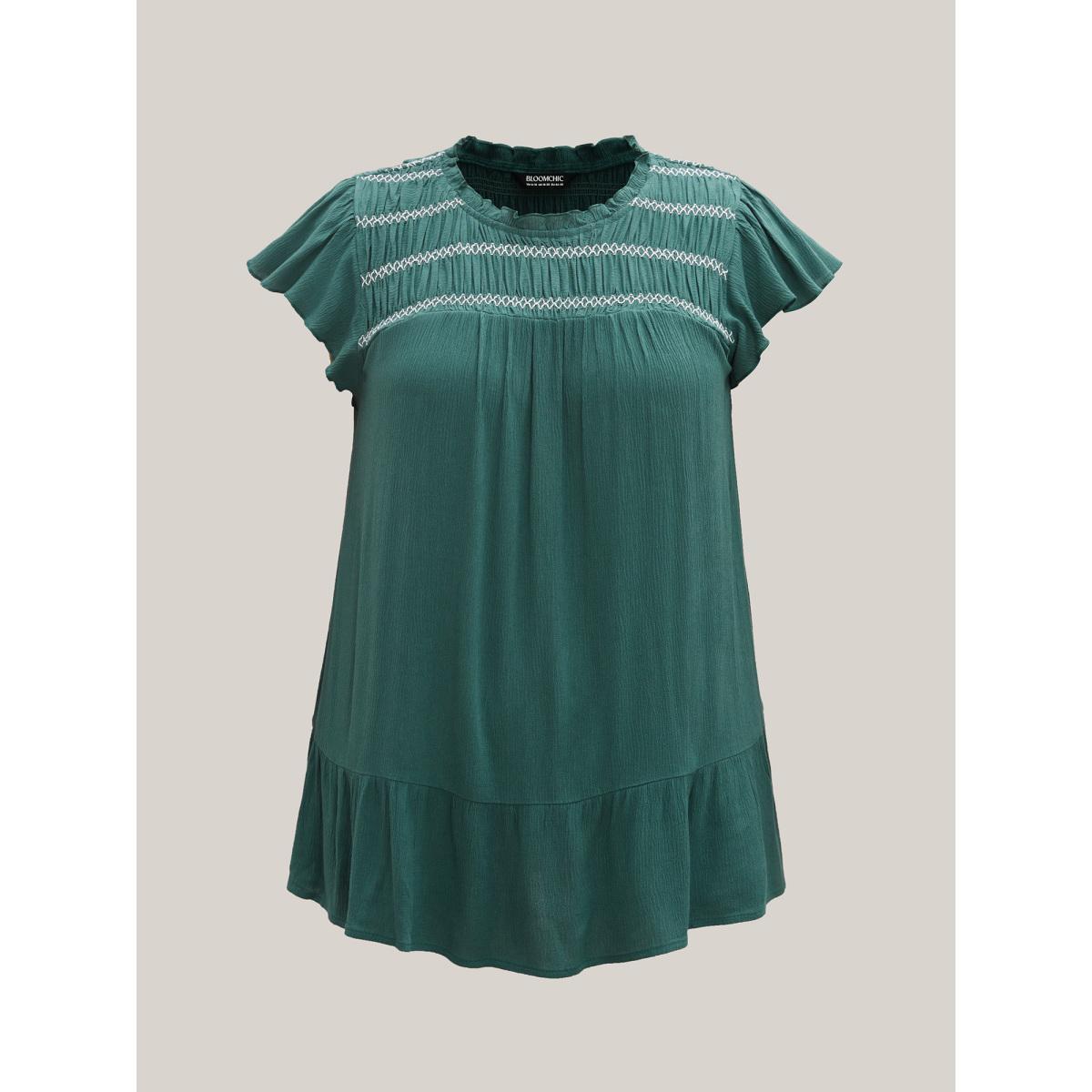 Plus Size Teal Rayon Shirred Neck Flutter Sleeve Tiered Blouse Women Cap Sleeve Round Neck Vacation Blouses BloomChic 22-24/3X Product Image
