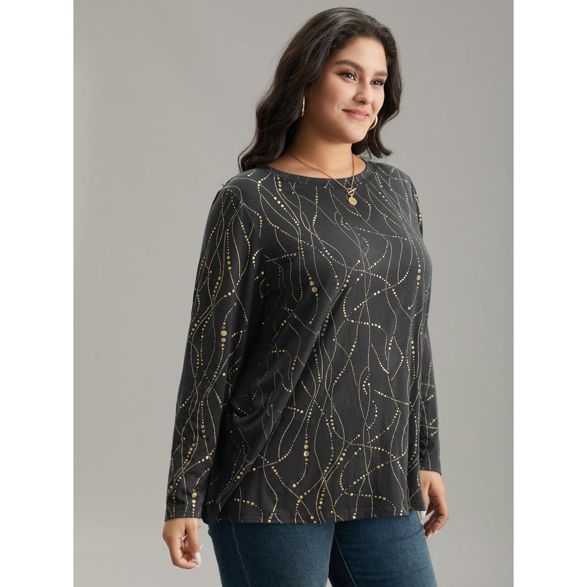 Plus Size Polka Dot Contrast Round Neck T-shirt DimGray Women Casual Contrast Polka Dot Round Neck Dailywear T-shirts BloomChic 10/M Product Image