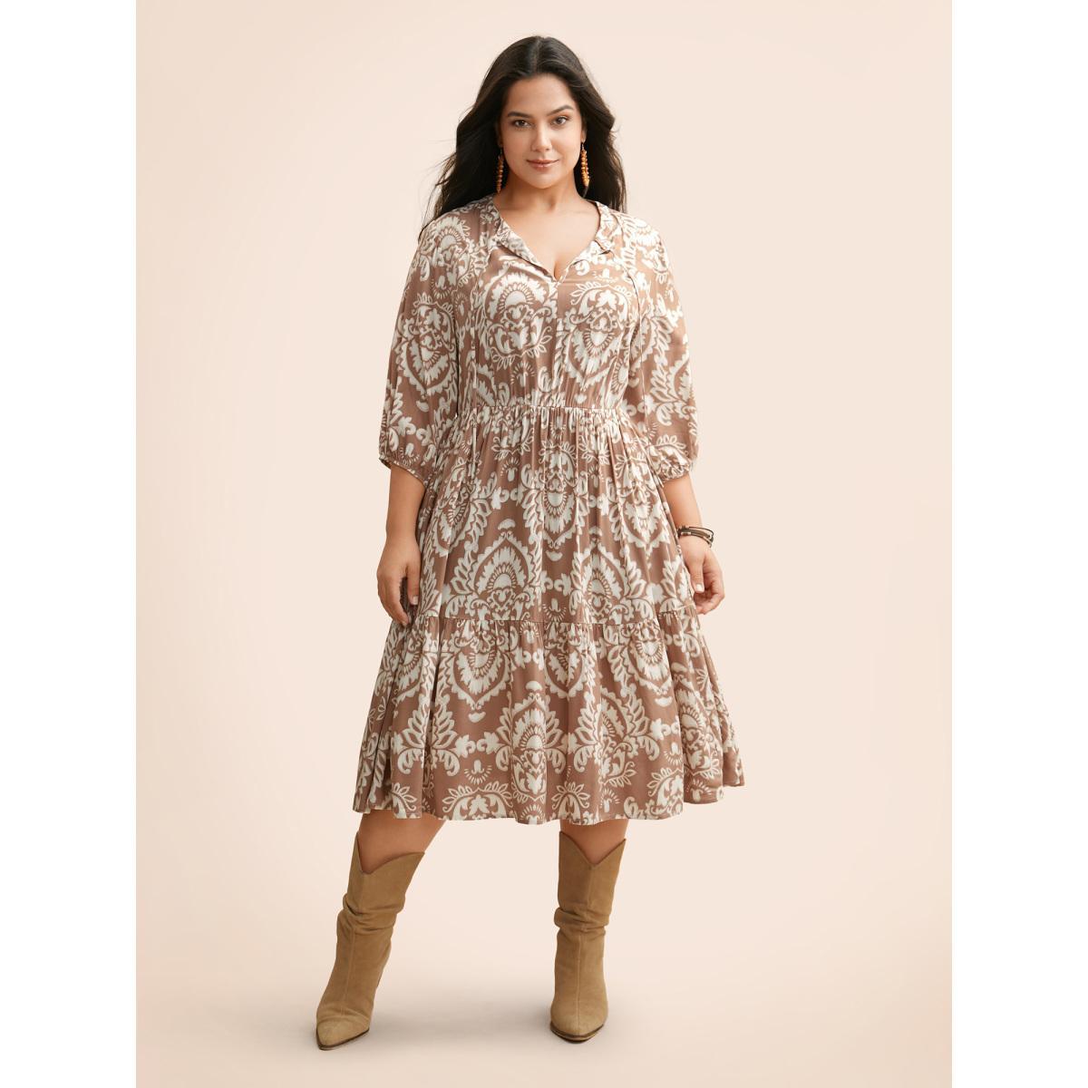 Plus Size Damask Print Tie Knot Puff Sleeve Dress DustyPink Women Resort Tie knot V-neck Elbow-length sleeve Curvy BloomChic 18-20/2X Product Image