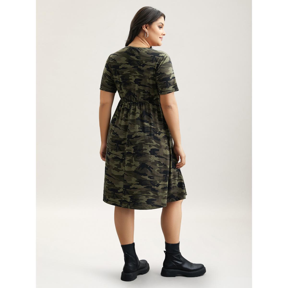 Plus Size Camouflage Print Round Neck Pockets Midi Dress ArmyGreen Women Casual Tie knot Knit Dresses Bloomchic 28/5X Product Image