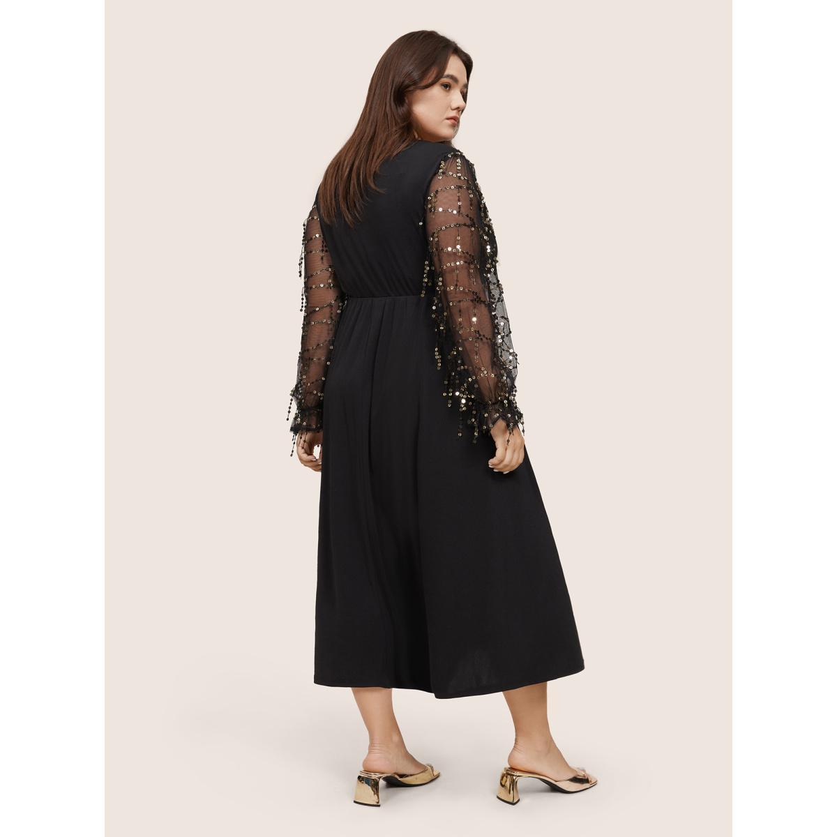 Plus Size Notched Mesh Gathered Sequin Tassel Trim Dress Black Women Glamour Sequin Notched collar Long Sleeve Curvy Midi Dress BloomChic 30/6X Product Image