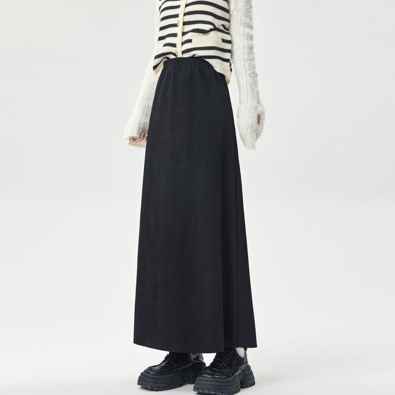 Elastic Waist Plain Faux Suede Midi A-Line Skirt Product Image