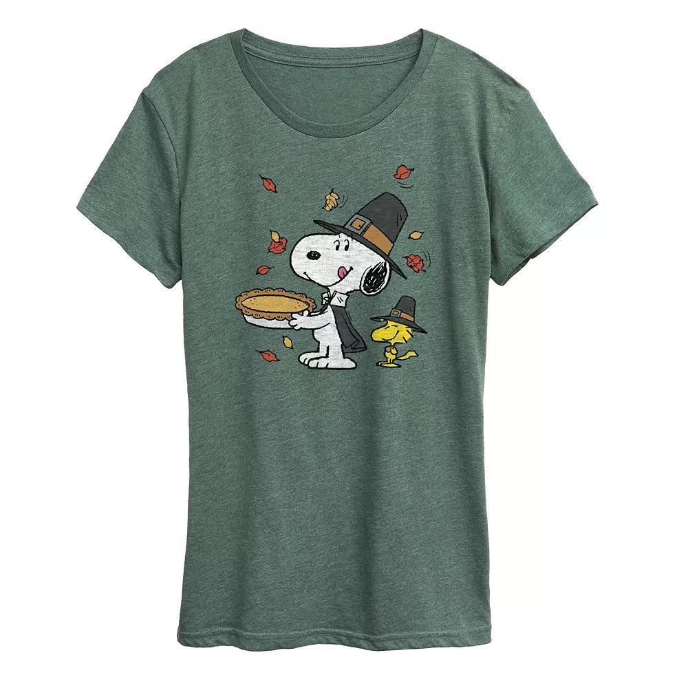 Plus Peanuts Snoopy and Woodstock Thanksgiving Scene Graphic Tee, Women's, Size: 2XL, Grey Green Product Image