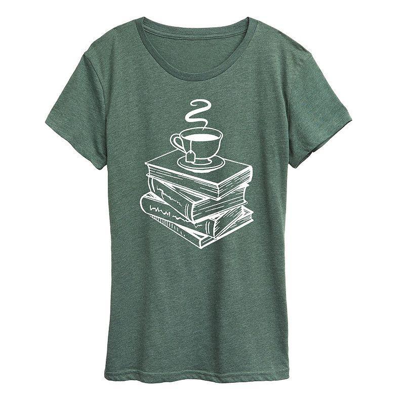 Womens Tea And Stacked Books Graphic Tee, Girls Grey Blue Product Image