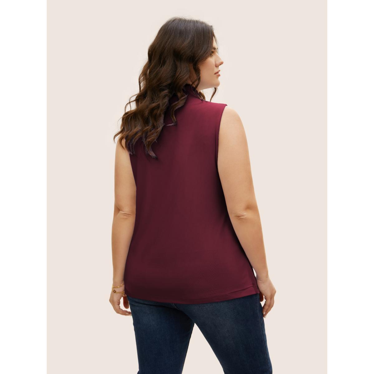 Plus Size Overlap Collar Solid Pleated Tank Top Women Burgundy Elegant Pleated Overlap Collar Everyday Tank Tops Camis BloomChic 30/6X Product Image