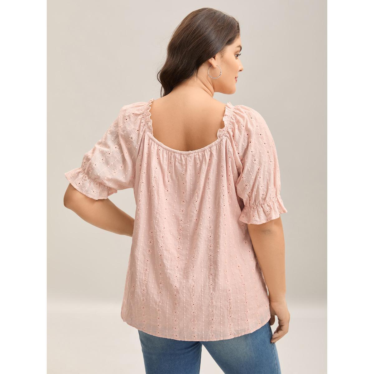 Plus Size Dirtypink Textured Frill Trim Square Neck Blouse Women Elegant Short sleeve Square Neck Everyday Blouses BloomChic 10/M Product Image