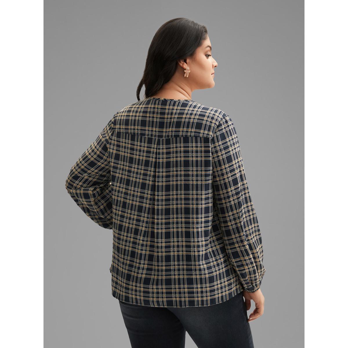 Plus Size Indigo Plaid Zipper Front Lantern Sleeve Blouse Women Elegant Long Sleeve V-neck Everyday Blouses BloomChic 14-16/1X Product Image