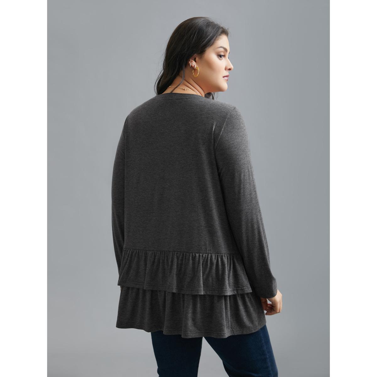 Plus Size Round Neck Tiered Ruffles Hem T-Shirt DimGray Women Elegant Gathered Round Neck Everyday T-shirts BloomChic 10/M Product Image