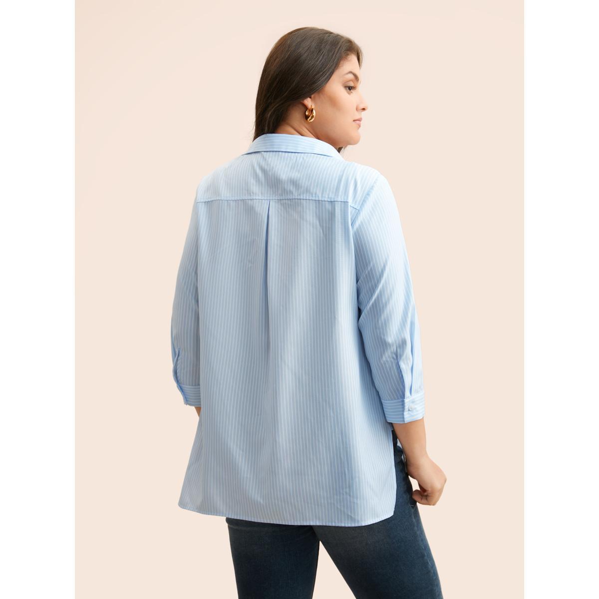 Plus Size LightBlue Floral Embroidered Striped Patched Pocket Blouse Women Elegant Elbow-length sleeve Shirt collar Everyday Blouses BloomChic 18-20/2X Product Image