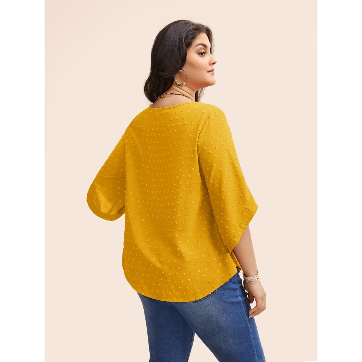 Plus Size Lemonyellow Textured Round Neck Bell Sleeve Blouse Women Elegant Elbow-length sleeve Round Neck Everyday Blouses BloomChic 10/M Product Image