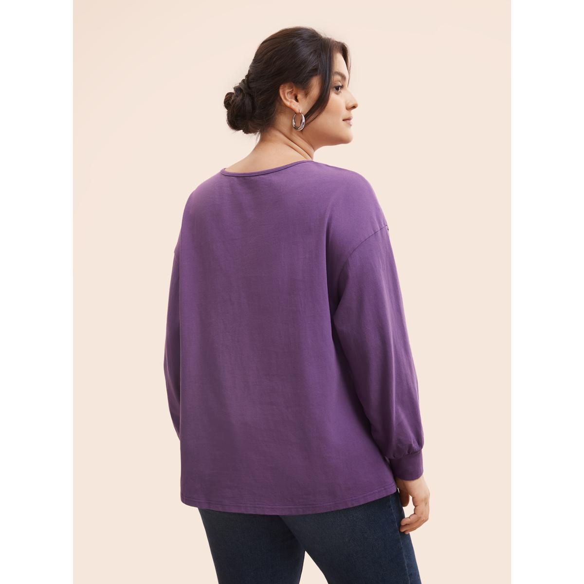 Plus Size Vintage Button Up Drop Shoulder T-shirt Deeppurple Women Casual Button Round Neck Everyday T-shirts BloomChic 22-24/3X Product Image