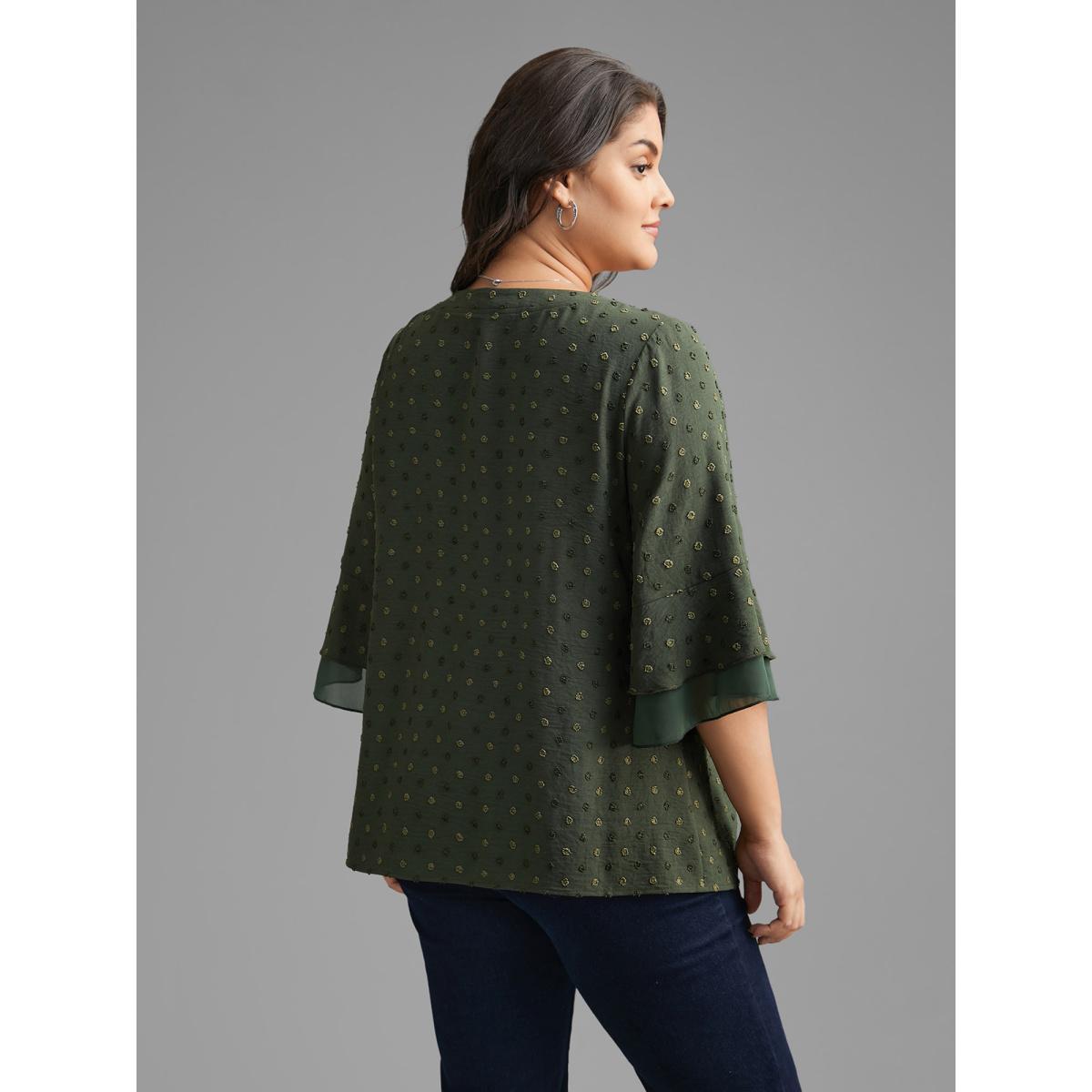 Plus Size ArmyGreen Textured Pleated Tiered Ruffle Sleeve Blouse Women Elegant Elbow-length sleeve V-neck Everyday Blouses BloomChic 22-24/3X Product Image