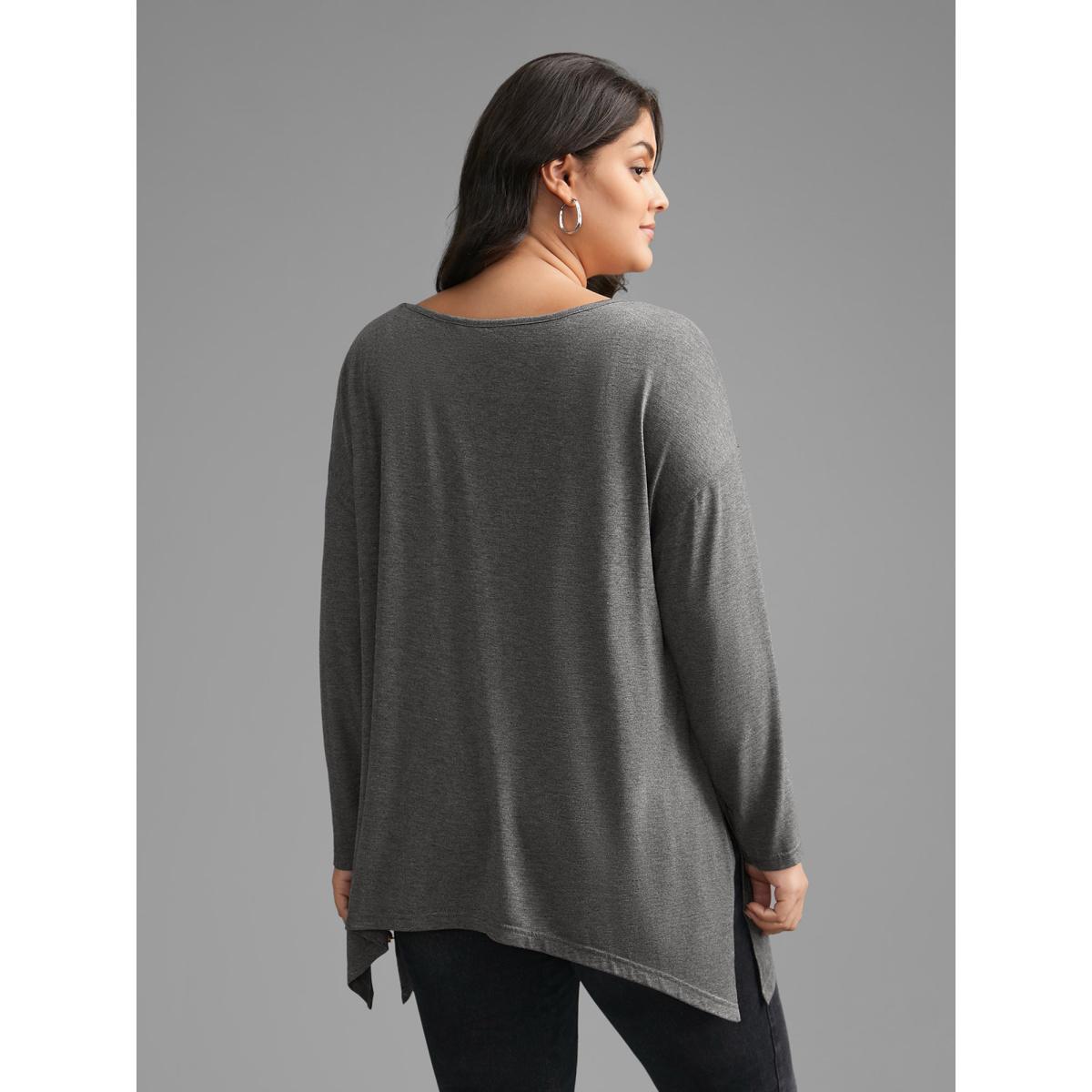 Plus Size Plain Boat Neck Asymmetrical Hem T-shirt DarkGray Women Casual Asymmetrical Boat Neck Loose Everyday T-shirts BloomChic 18-20/2X Product Image