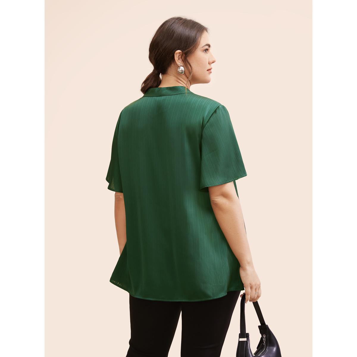 Plus Size DarkGreen Plain Knot Neck Ruffle Sleeve Blouse Women Office Short sleeve Ribbon-tied collar Work Blouses BloomChic 22-24/3X Product Image