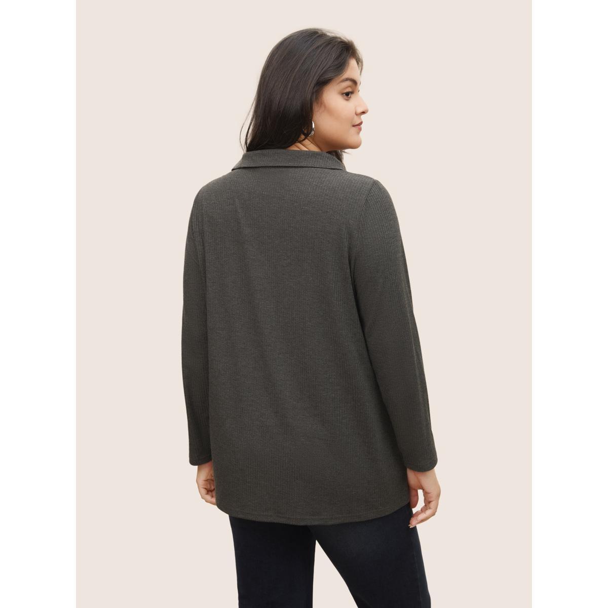 Plus Size Plain Lapel Collar Rib Knit T-shirt DimGray Women Casual Non Plain Lapel Collar Everyday T-shirts BloomChic 26/4X Product Image