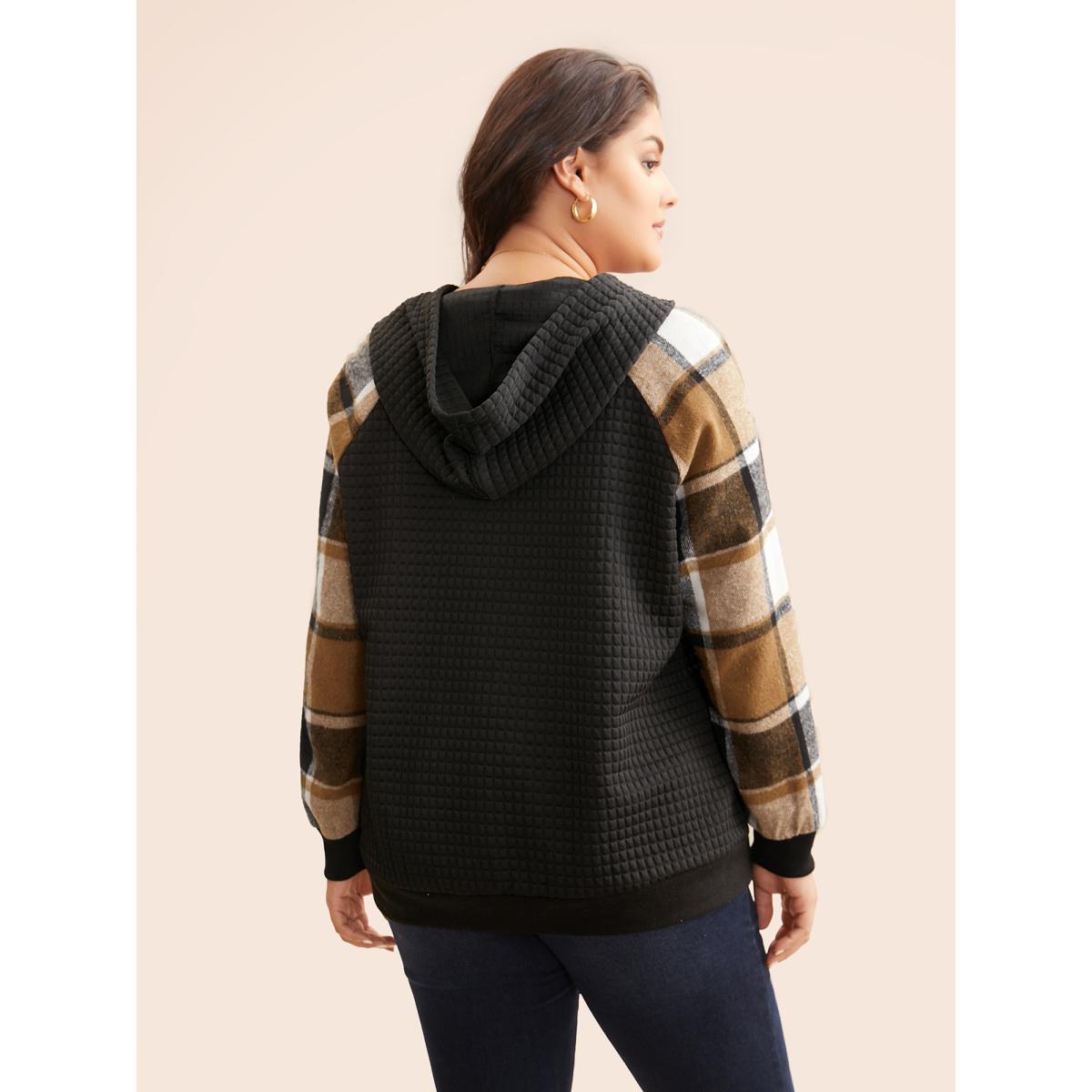Plus Size Plaid Patchwork Hooded Raglan Sleeve Sweatshirt Women Black Casual Texture Hooded Everyday Sweatshirts BloomChic 22-24/3X Product Image