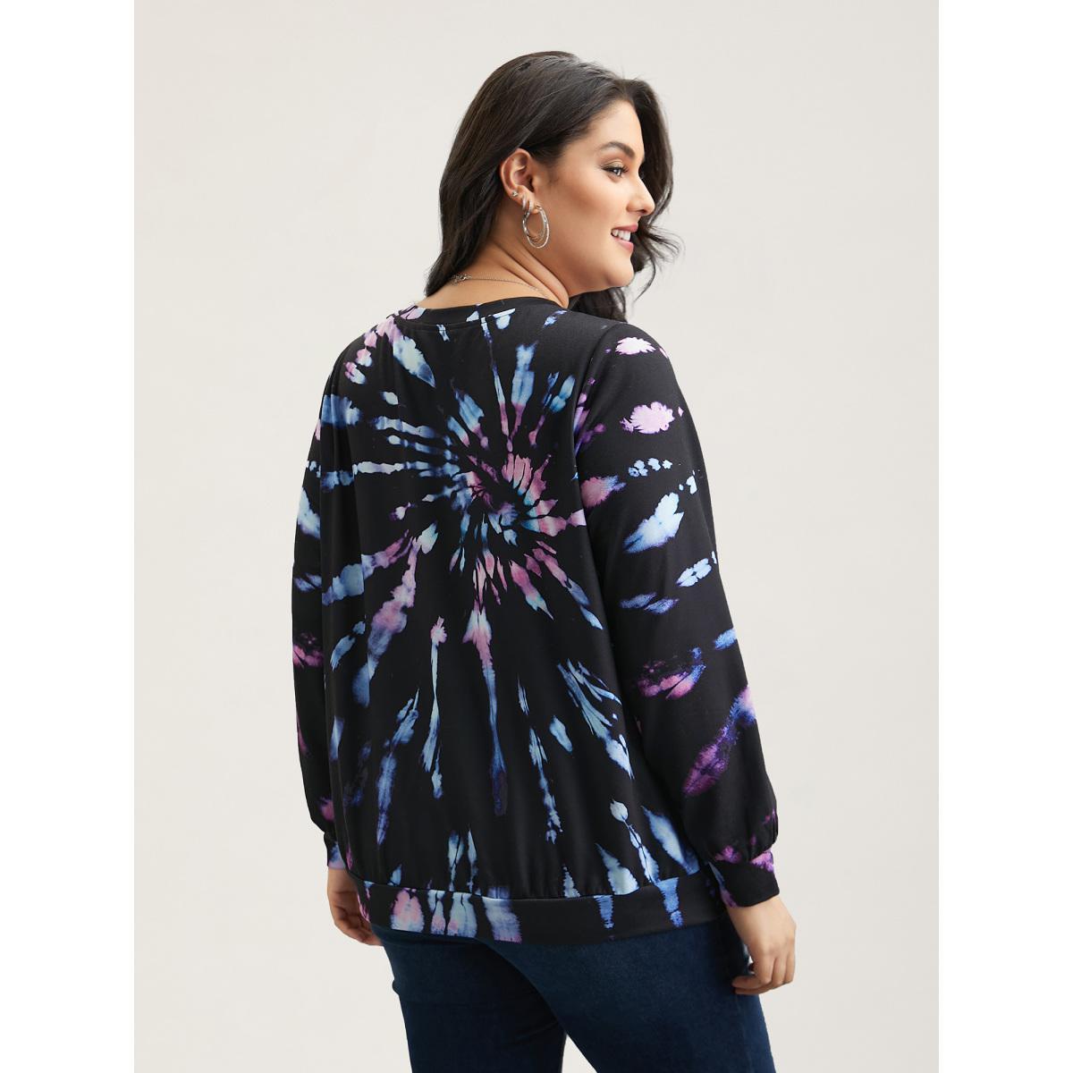 Plus Size Tie-Dye Stretchy Crew Neck Sweatshirt Women Black Casual Contrast Round Neck Everyday Sweatshirts BloomChic 10/M Product Image