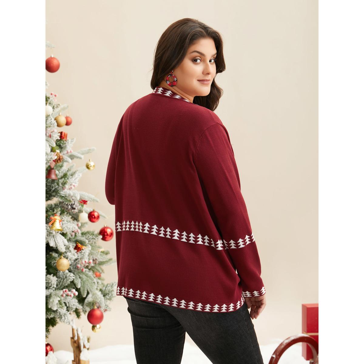 Plus Size Holiday Pattern Hem Lapel Collar Knit Cardigan Burgundy Women Casual Loose Long Sleeve Everyday Cardigans BloomChic 22-24/3X Product Image