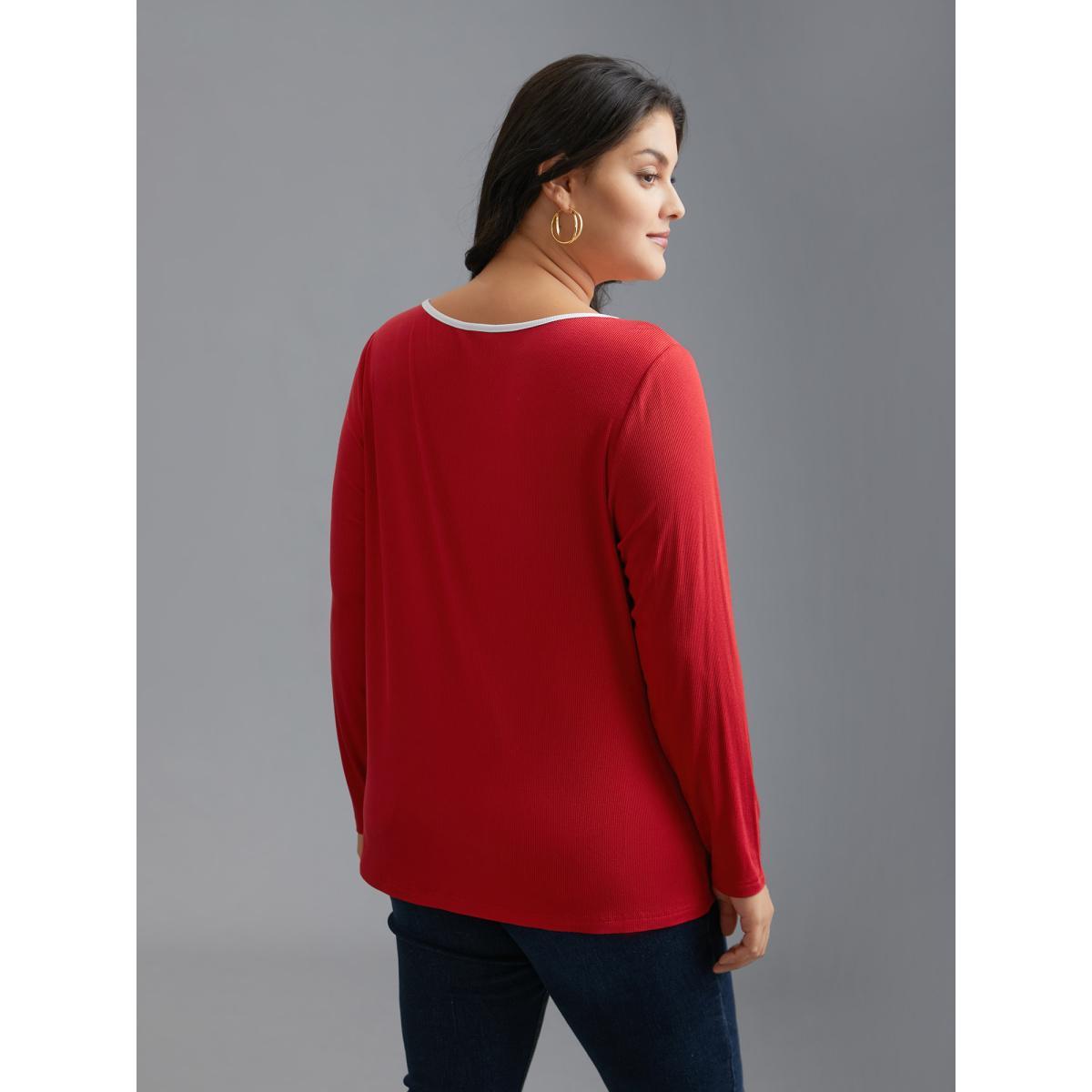 Plus Size Square Neck Contrast Trim T-shirt Crimson Women Casual Texture Square Neck Bodycon Everyday T-shirts BloomChic 14-16/1X Product Image