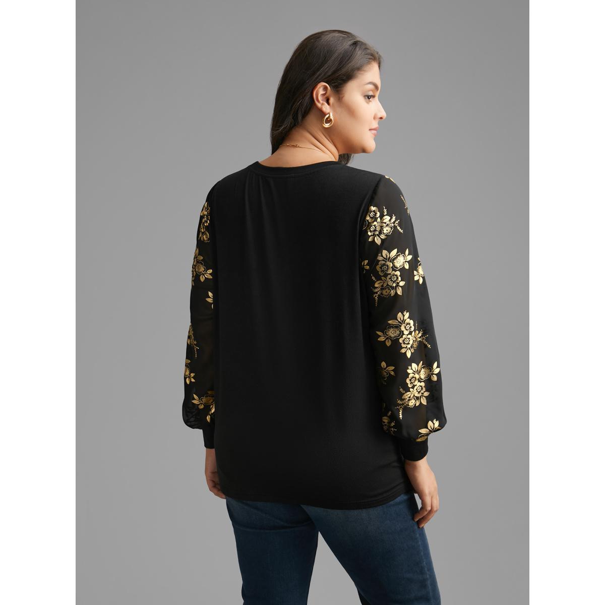 Plus Size Glitter Floral Patchwork Mesh T-shirt Black Women Elegant Contrast Natural Flowers Round Neck Everyday T-shirts BloomChic 18-20/2X Product Image