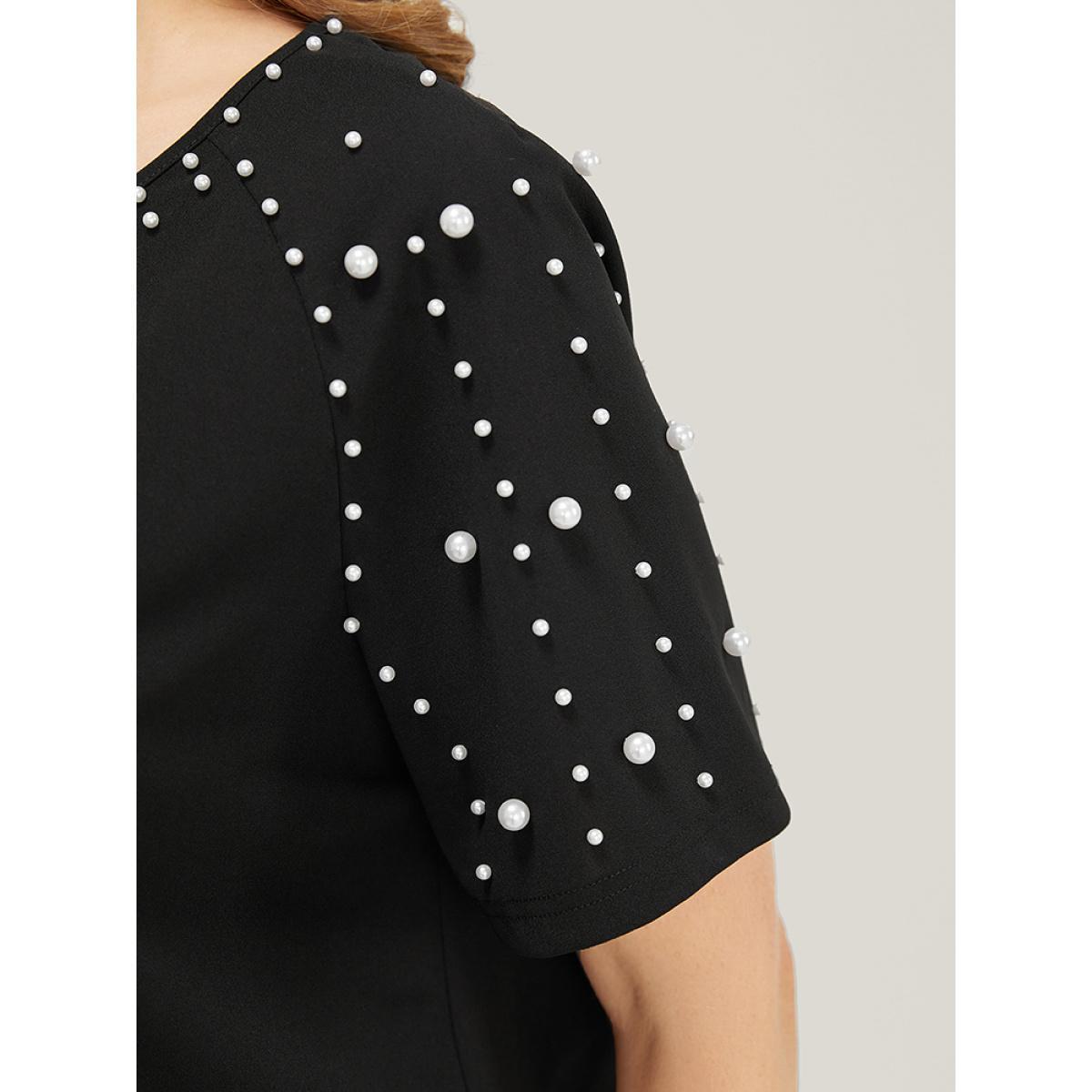 Plus Size Solid Raglan Sleeve Pearl Beaded T-shirt Black Women Elegant Beaded Plain Round Neck Dailywear T-shirts BloomChic 10/M Product Image