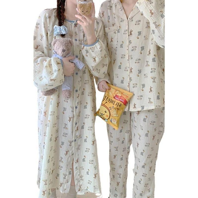 Couple Matching Long-Sleeve Cartoon Print Button-Up Midi Pajama Dress / Top / Pants / Set Product Image