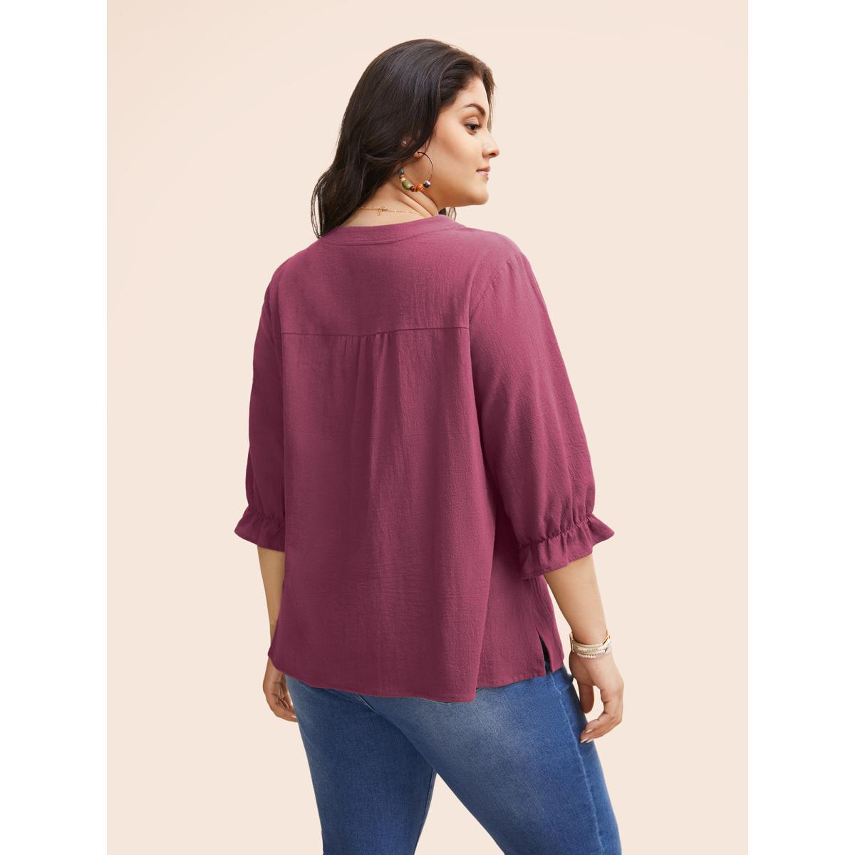 Plus Size ArmyGreen Broderie Anglaise Tie Knot Lantern Sleeve Blouse Women Resort Elbow-length sleeve Notched collar Vacation Blouses BloomChic 18-20/2X Product Image