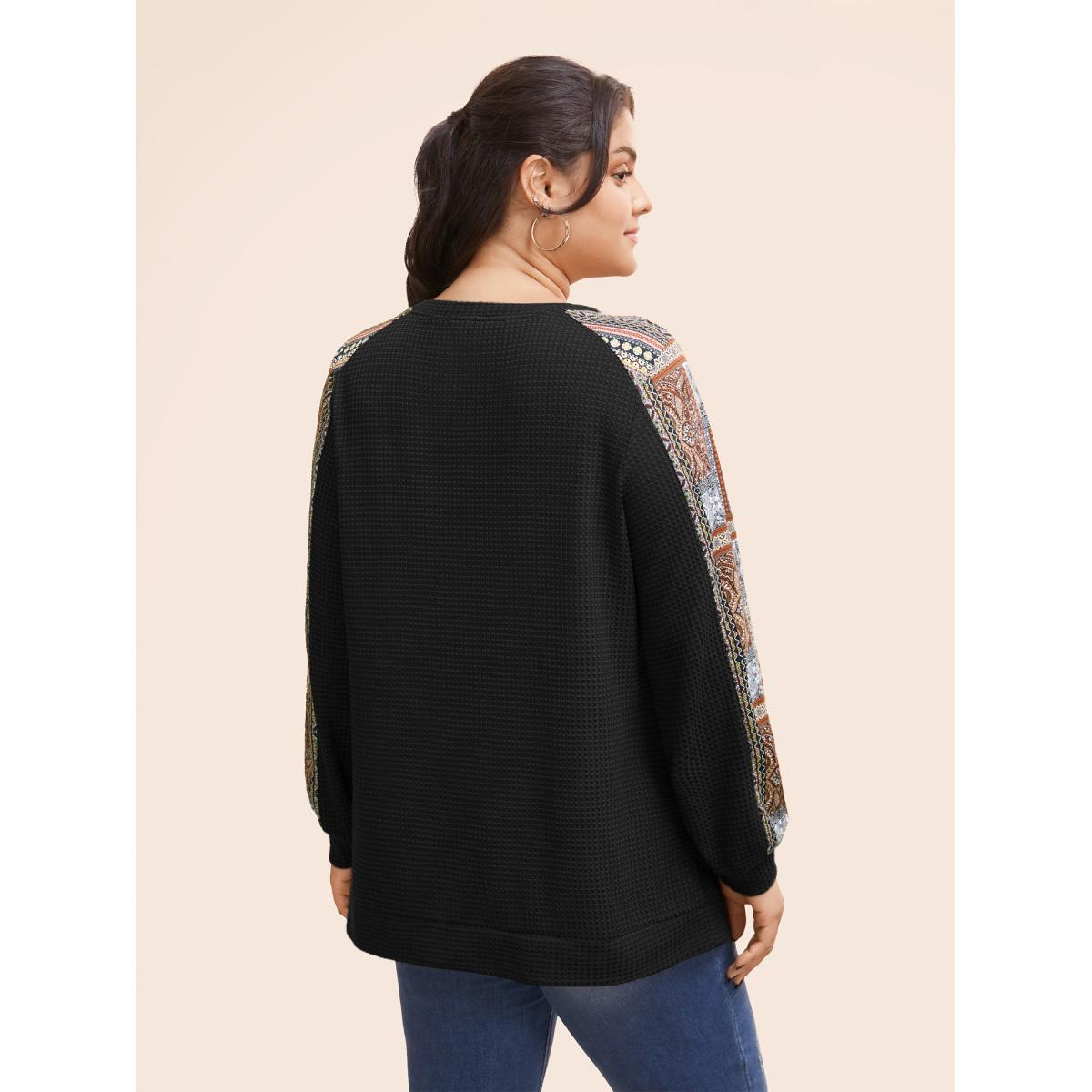 Plus Size Boho Print Patchwork Waffle Knit Crew Neck Sweatshirt Women Black Casual Elastic cuffs Round Neck Dailywear Sweatshirts BloomChic 10/M Product Image