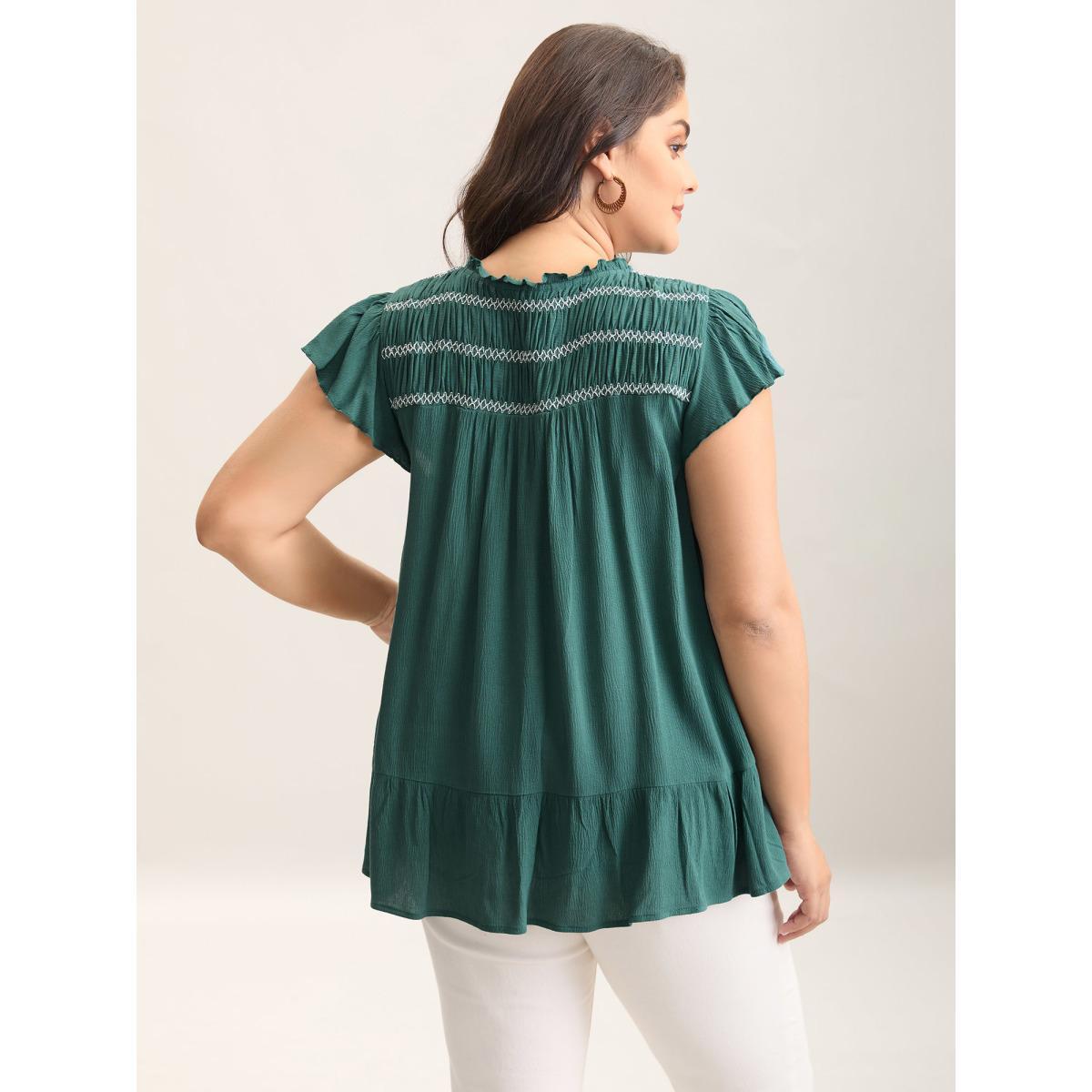 Plus Size Teal Rayon Shirred Neck Flutter Sleeve Tiered Blouse Women Cap Sleeve Round Neck Vacation Blouses BloomChic 22-24/3X Product Image