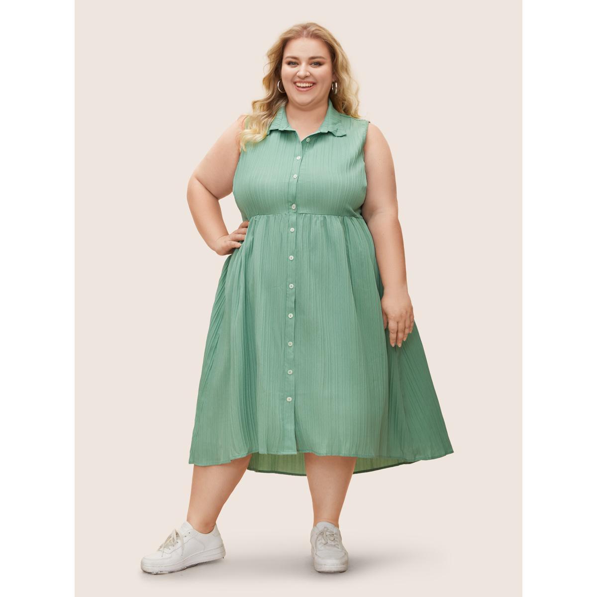 Plus Size Solid Shirt Collar Ruffle Pocket High Low Hem Button Up Dress Mint Women At the Office Non Polo Sleeveless Curvy Midi Dress BloomChic 22-24/3X Product Image