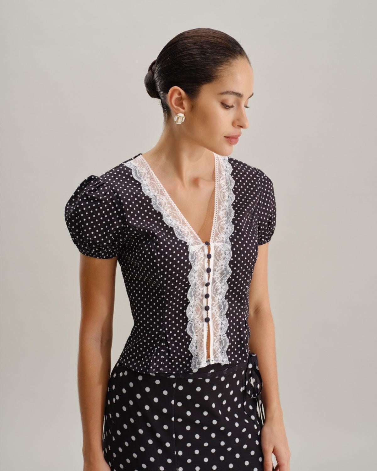 Black Polka Dot Lace Trim Blouse Product Image