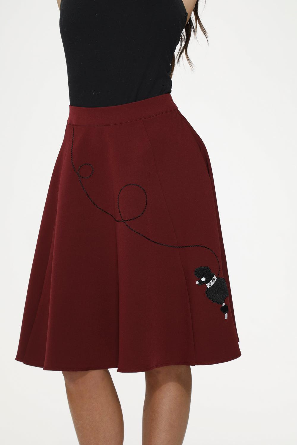 Burgundy Black Embroidered Poodle Swing Skirt Product Image