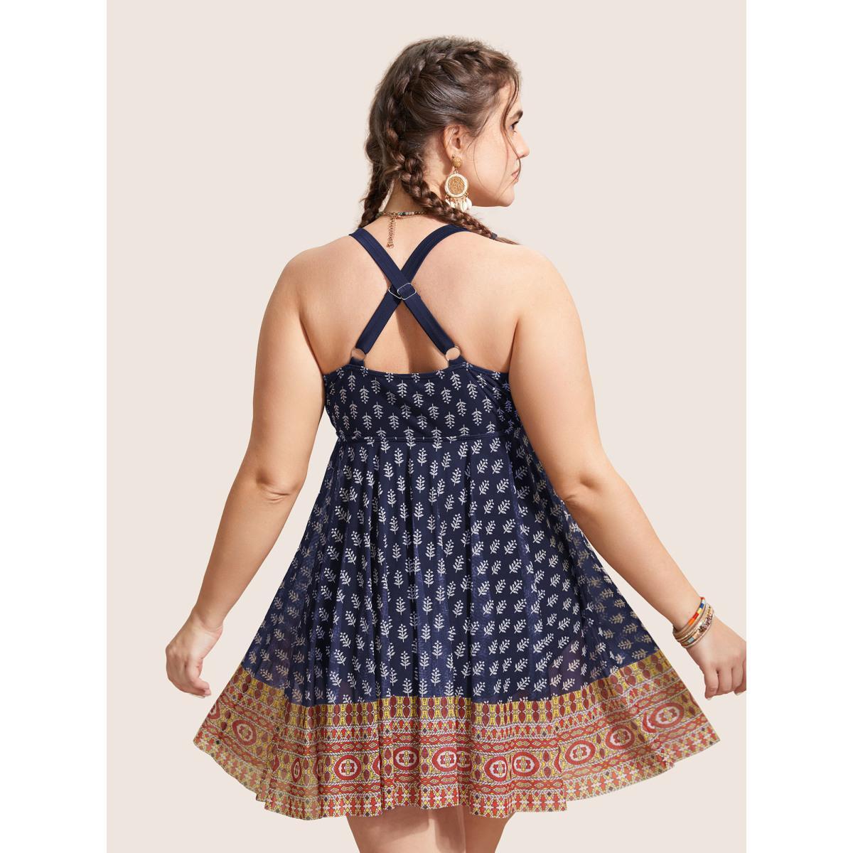 Plus Size Overlap Collar Boho Print Patchwork Swim Dress Women's Swimwear Indigo Beach Bodycon Overlap Collar High stretch Curve Swim Dresses BloomChic 12/L Product Image