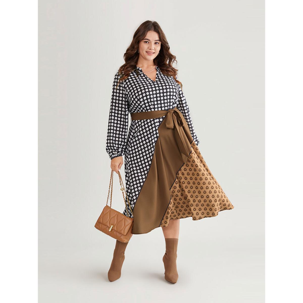 Plus Size Polka Dot Patchwork Colorblock Belted Notched Dress Multicolor Women At the Office Elastic cuffs Notched collar Long Sleeve Curvy Midi Dress BloomChic 10/M Product Image