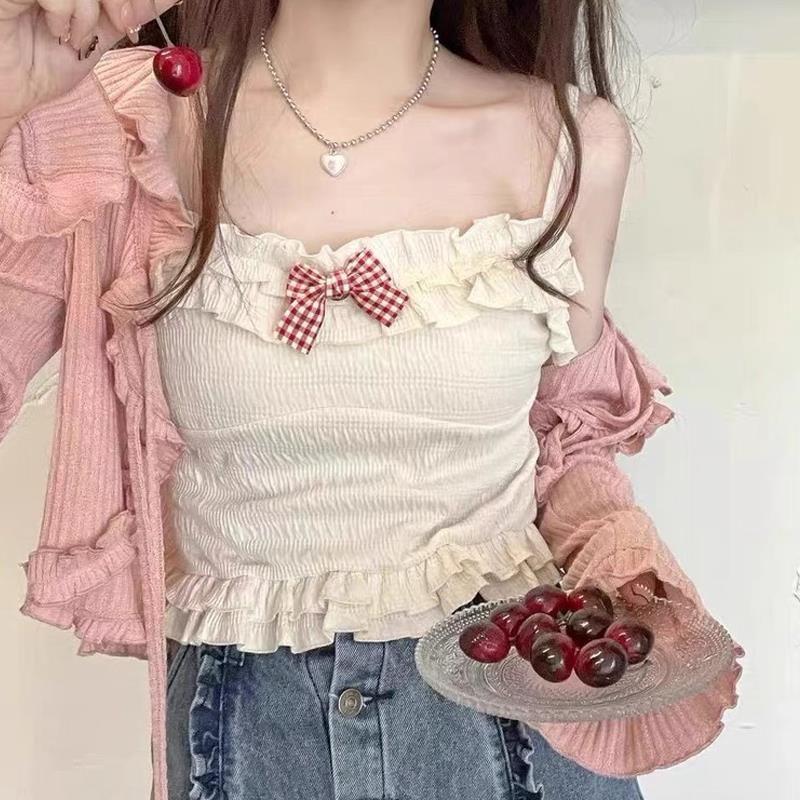 Plain Ruffle Hem Bow Camisole Top / Flared-Cuff Drawstring Ribbed Shrug Product Image