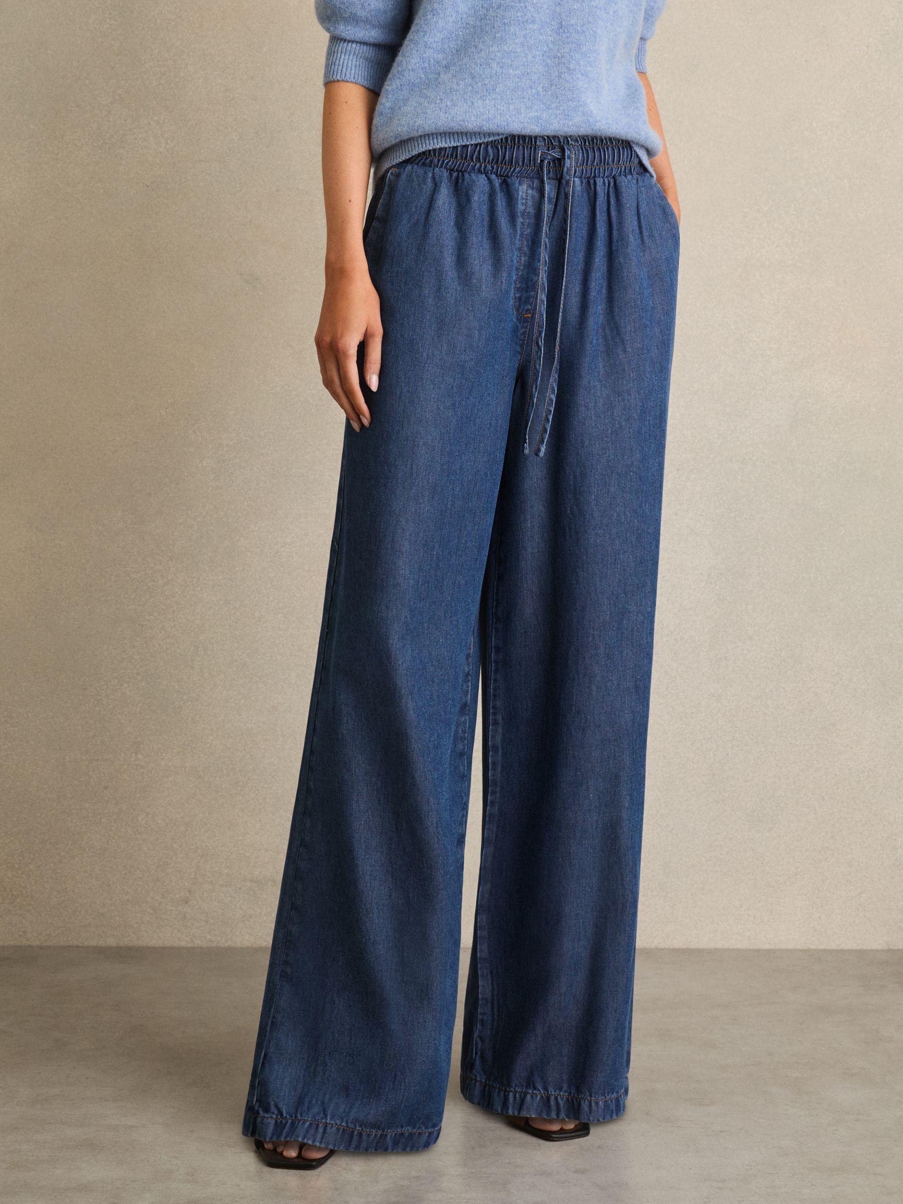 Wide-Leg Chambray Drawstring Trousers in Mid Blue Product Image