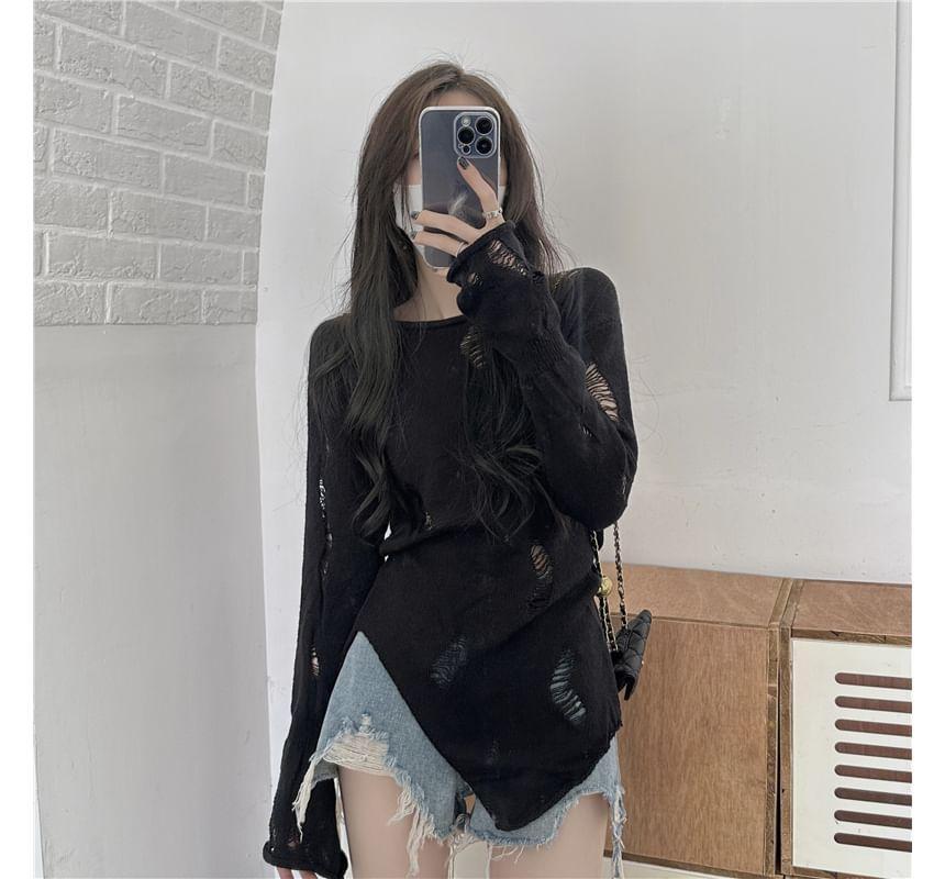 Long-Sleeve Boat Neck Plain Asymmetrical Distressed Sheer Slim Fit Knit Top Product Image