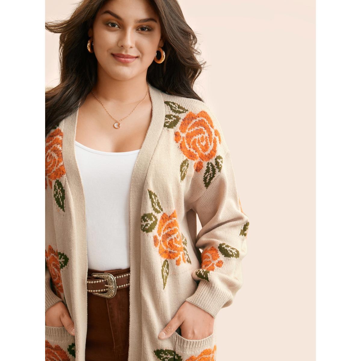 Plus Size Floral Texture Patch Pocket Cardigan LightBrown Women Casual Loose Long Sleeve Everyday Cardigans BloomChic 14-16/1X Product Image