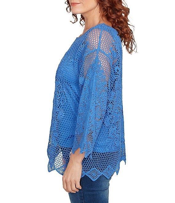 Ruby Rd. Petite Size Crochet Medallion Floral Pattern Scoop Neck 3/4 Wide Flared Sleeve Top Product Image