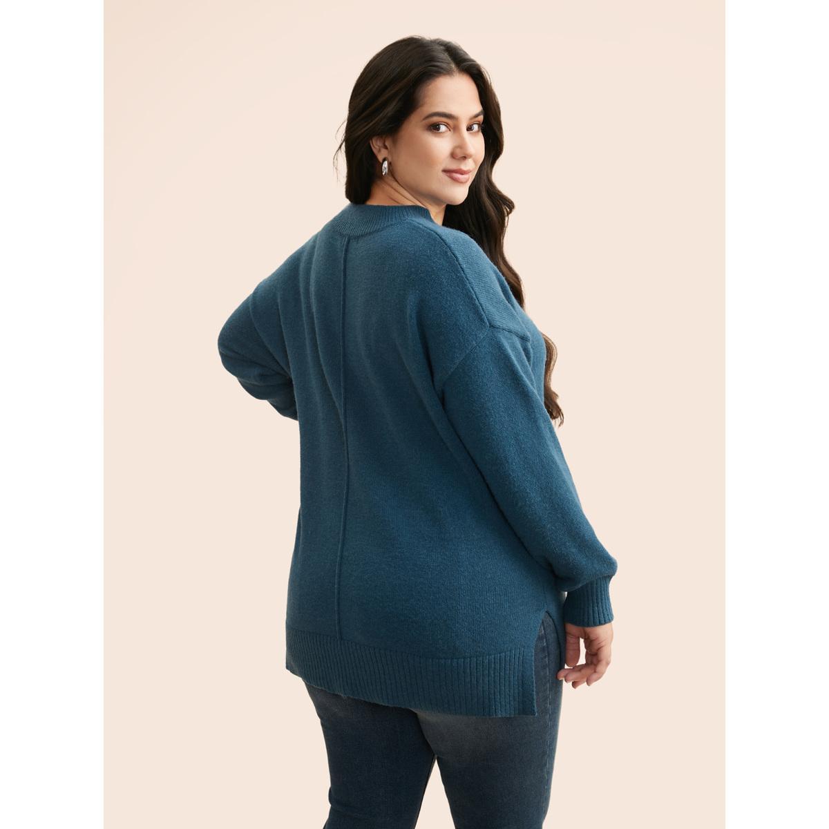 Plus Size Supersoft Essentials Split Wool Pullover Indigo Women Casual Loose Long Sleeve Round Neck Everyday Pullovers BloomChic 12/L Product Image