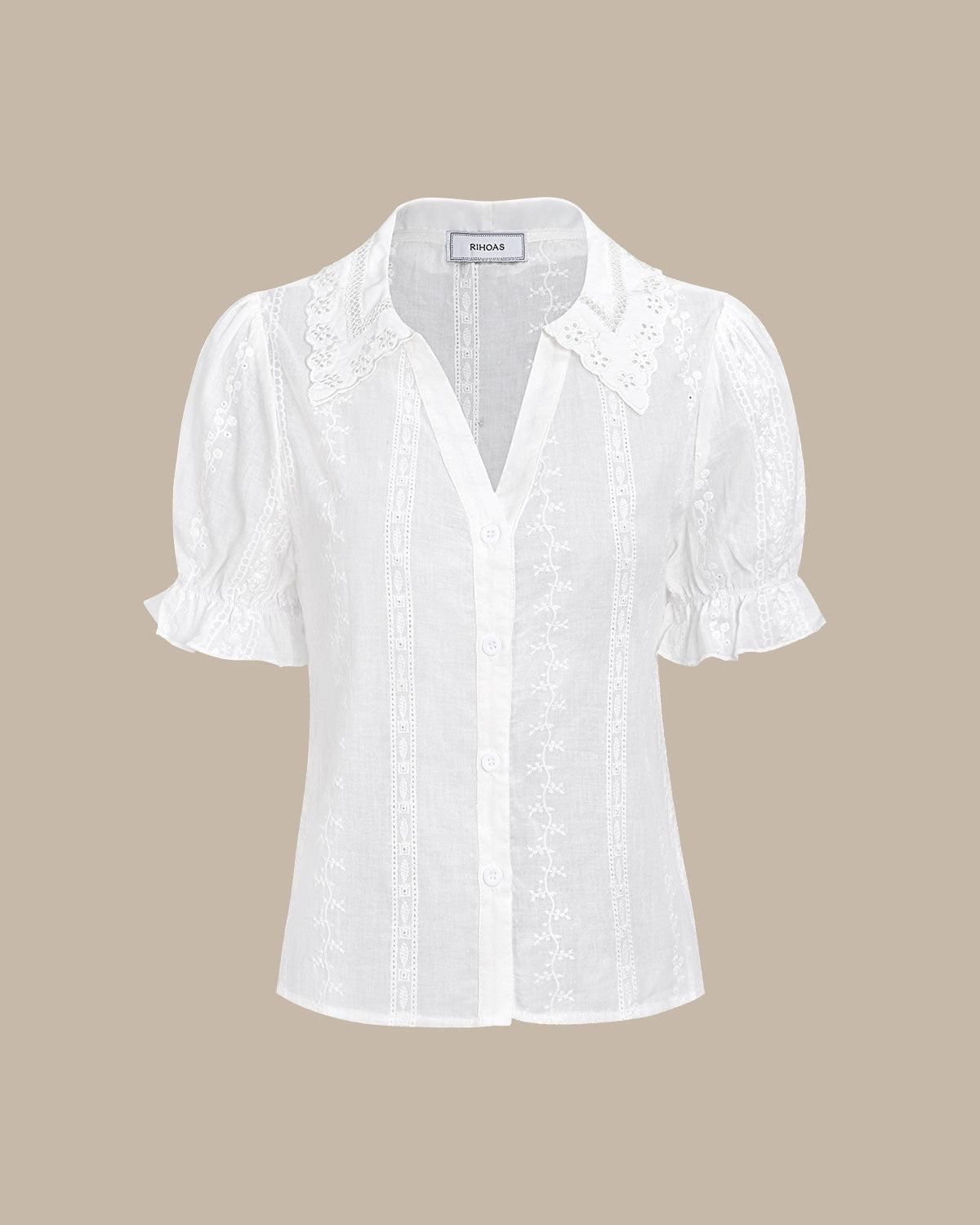 Women's White Collared Lace Embroidery Cotton Blouse Female Product Image